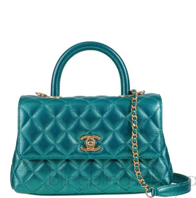 Metallic Green Quilted Caviar Leather Small Coco Top Handle Bag