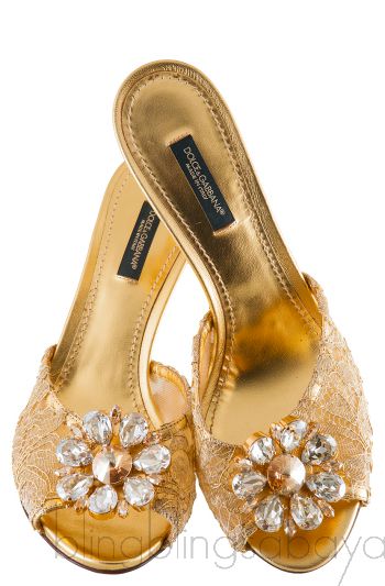 Gold Lace Crystal Vamp Slip-on Sandals