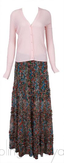 Pink Seam Free Engineered Cardigan & Tiered Multicolor Printed Skirt 