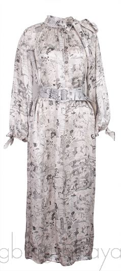 Grey Doodle Print Belted Dress