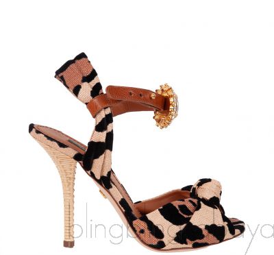 Raffia Leopard Print Bejeweled Buckle Sandals