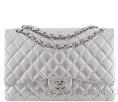 Metallic Silver Quilted Maxi Flap Bag