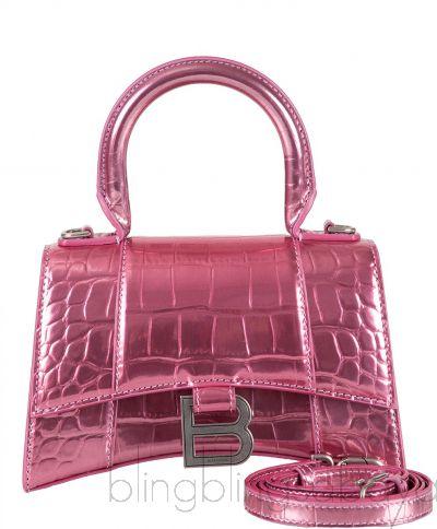Hourglass XS Pink Metallic Croc-Effect Leather