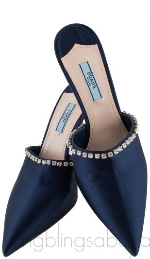 Navy Blue Crystal Trim Slide Sandals