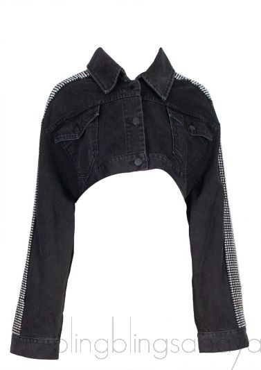 Black Denim Crystal Shoulder Crop Jacket