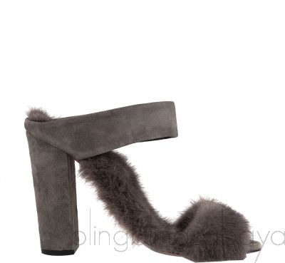 Grey Suede and Fur Sandals 