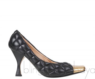 Black Quilted Leather Gold Cap Toe Heels