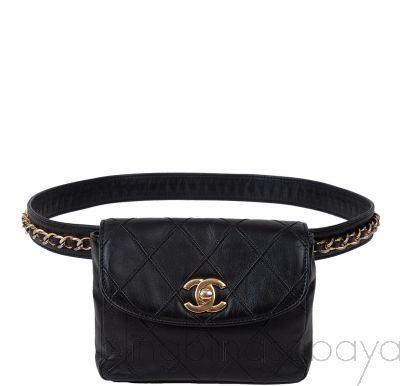 Black Quilted Leather Vintage Classic Chain Belt Bag   
