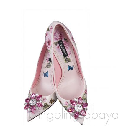 Jeweled Floral Print Leather Heels