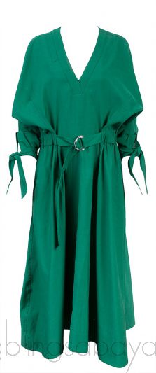 Green Belted Tie-sleeve Midi Dress