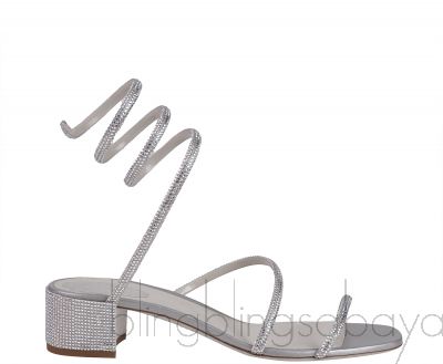 Silver Crystal Embellished Mid-Heel Sandals