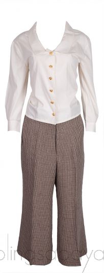 Off-white Top Shirt & Brown Houndstooth Wide Leg Pants