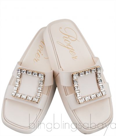 Slide Crystal Buckle Off-white Leather Mule  