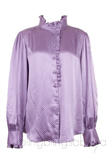 Violet Polka-dot Ruffle Trim Longsleeve Shirt 