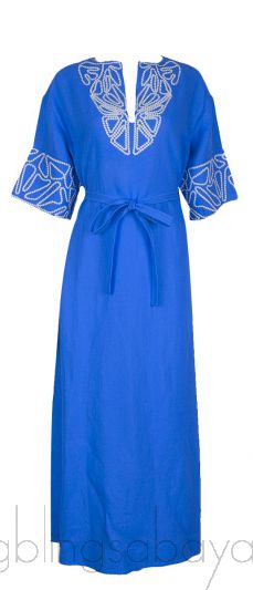 Blue Linen Embroidered Kaftan Dress