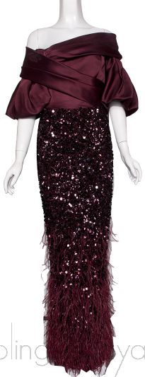 Off-Shoulder Burgundy Feather Gown